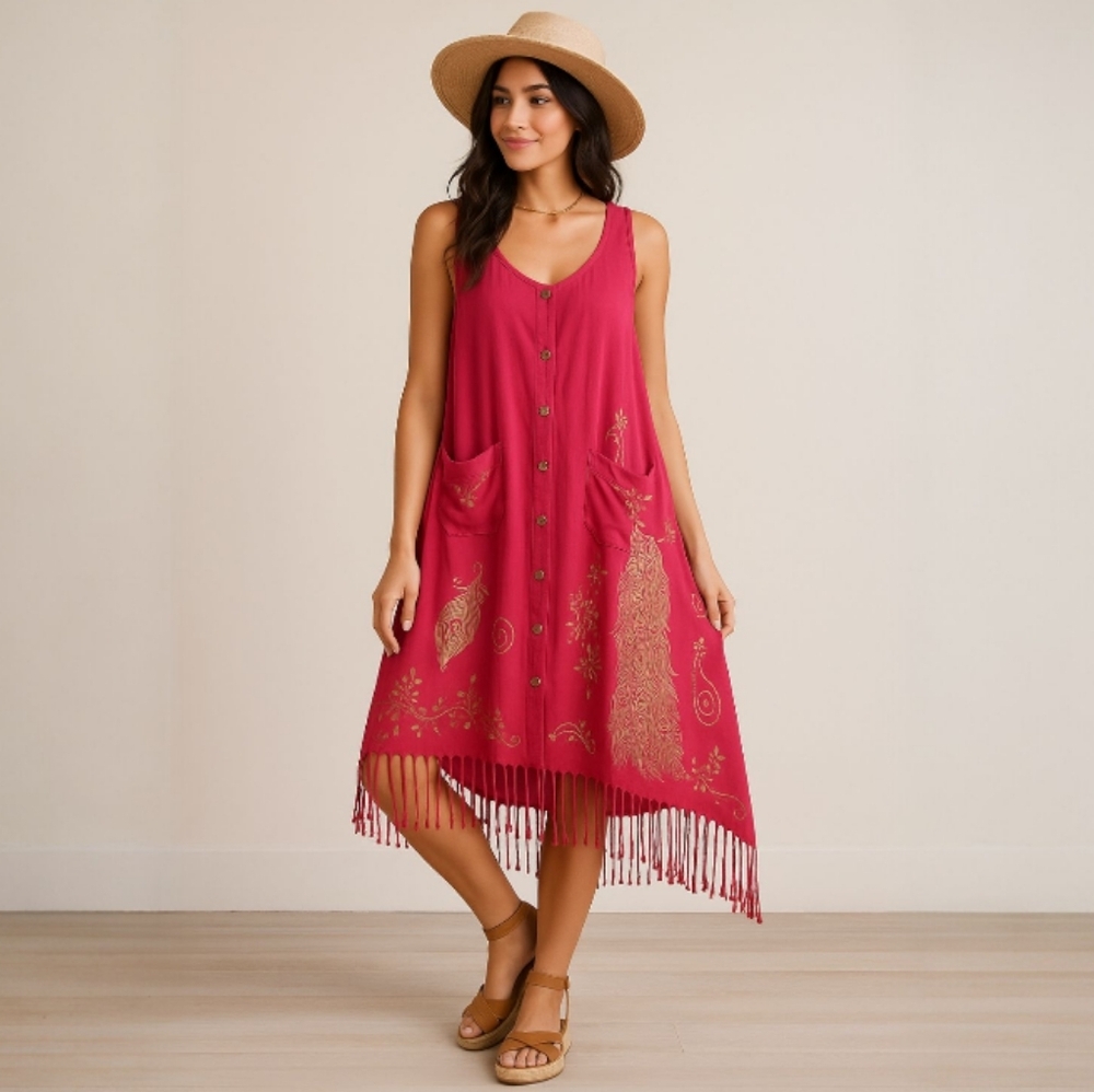 NWOT Asha Fuchsia Sleeveless Fringe Trapeze Dress With Pockets - Picture 2 of 12